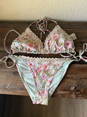 H&M Floral Lace-Trim Triangle Bikini - Pink & Mint-Top Size 10, Bottom Size 8